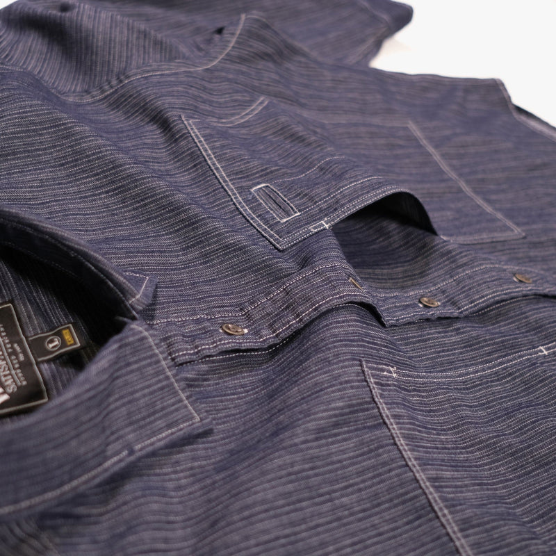 Cotton Denim Carpenter Pocket Work Shirt - Indigo Stripe - Lazy Sun