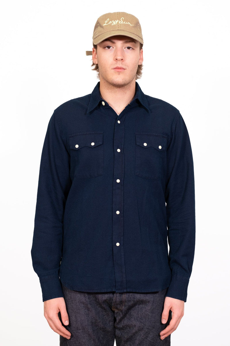 Indigo Yarn-Dyed Cotton Sateen Pearlsnap - Lazy Sun